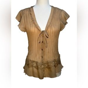 Sunny Leigh Y2K Beige Button-down Pleated Ruffled Blouse Large
